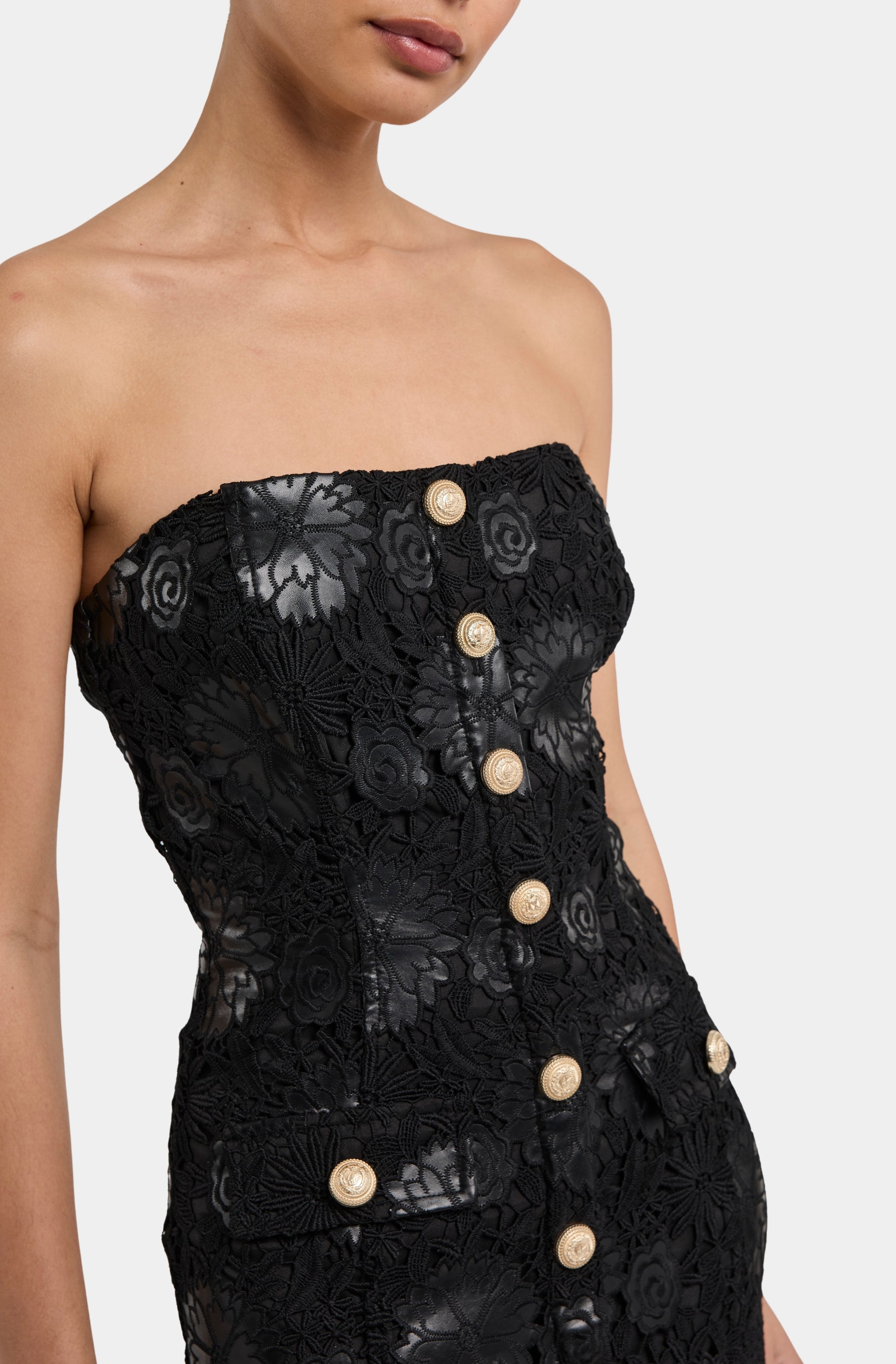 Misha Vegan Leather Guipure Midi Dress