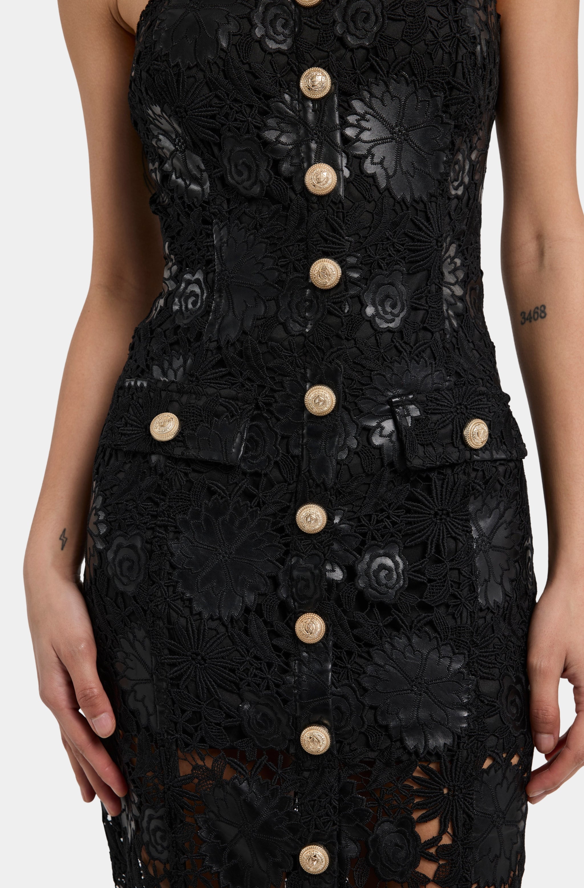 Misha Vegan Leather Guipure Midi Dress