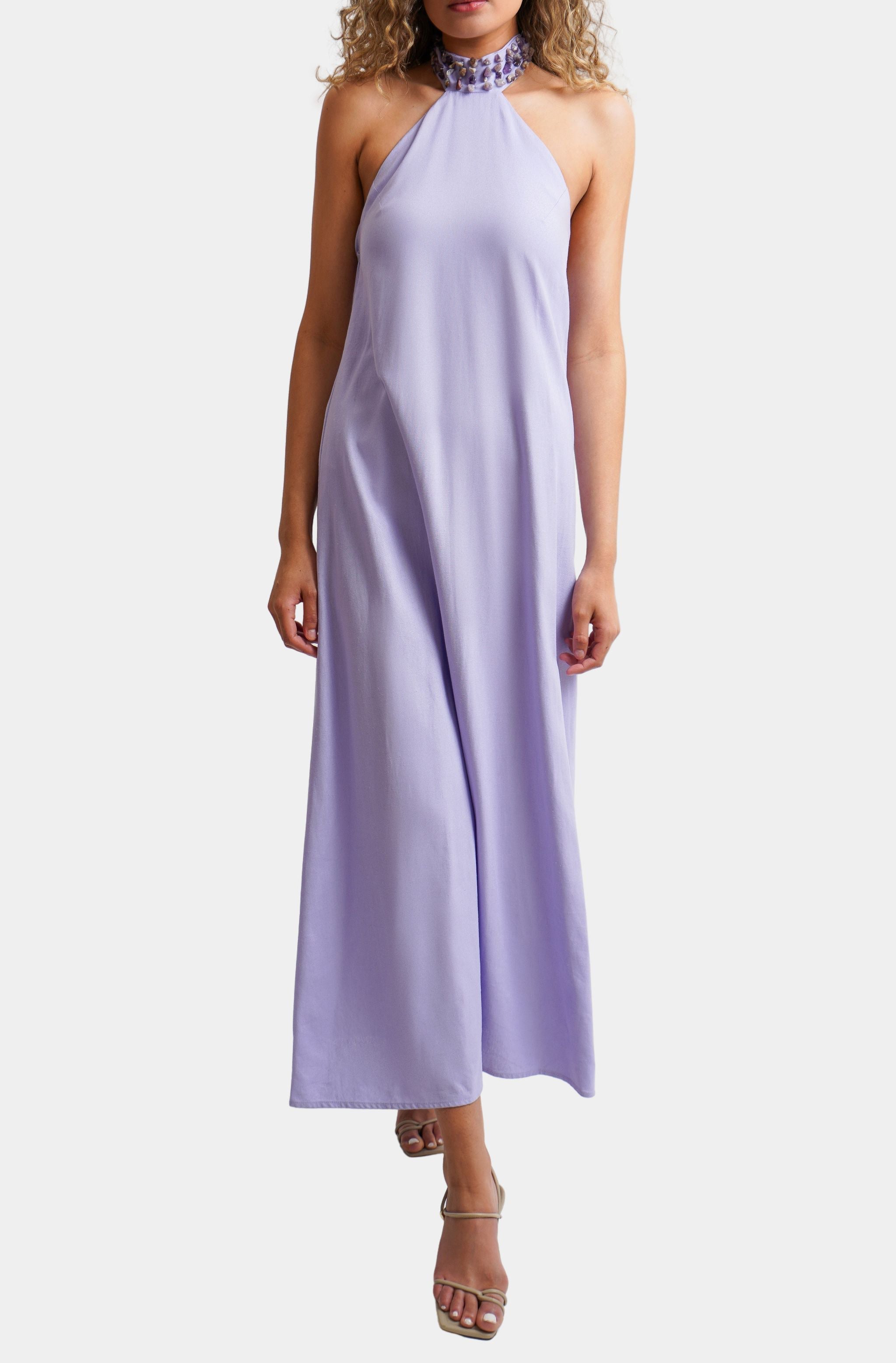 purple beaded halter dress Mira