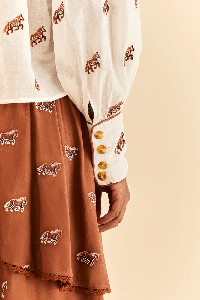 Embroidered Horses Voluminous Off-White Blouse