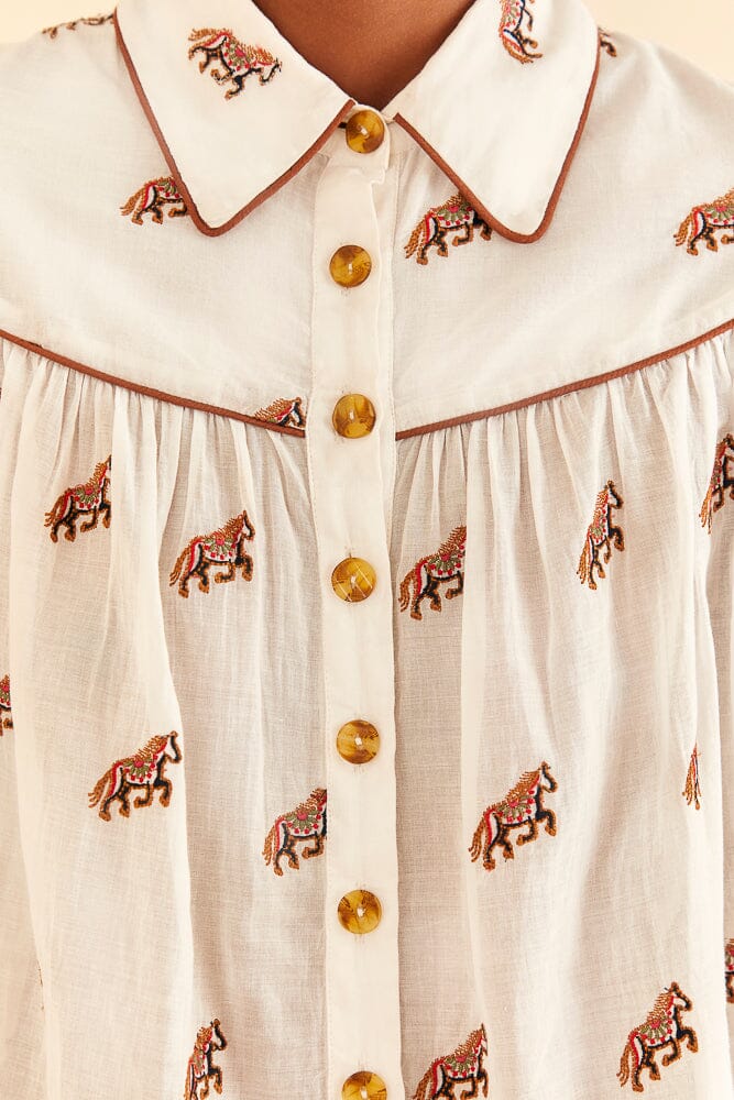 Embroidered Horses Voluminous Off-White Blouse