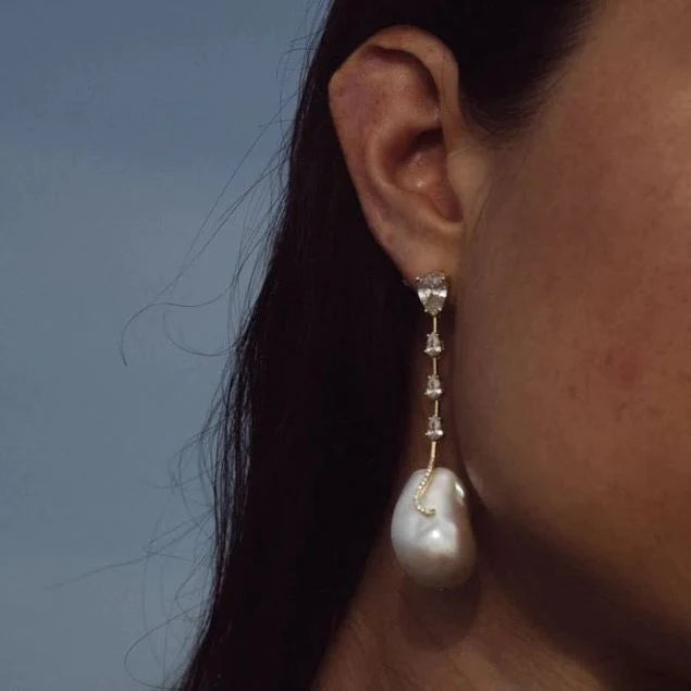 Dangling CZ Baroque Pearl Earrings