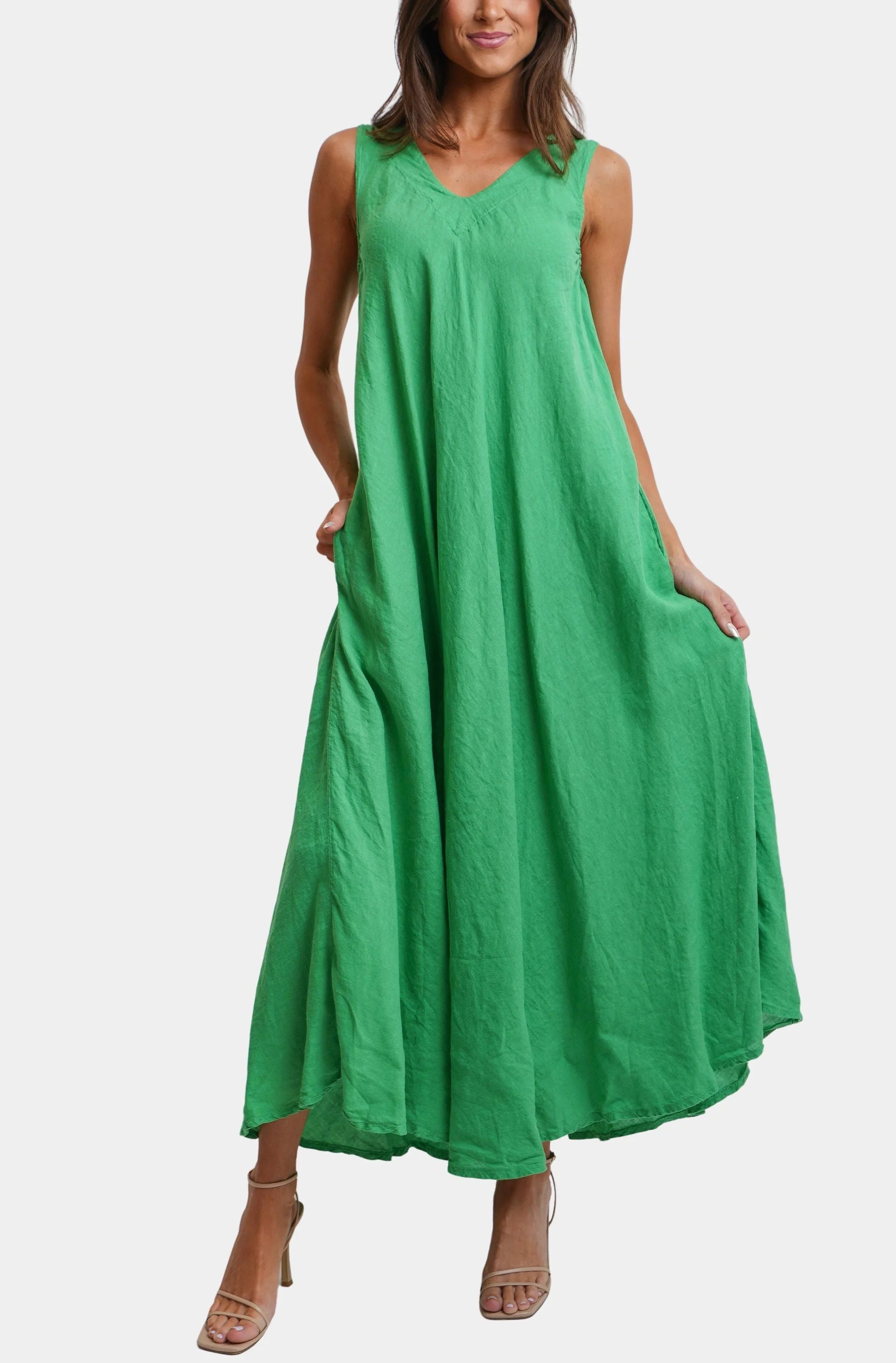 Linen V-Neck/Back Maxi Tank Dress With Pockets