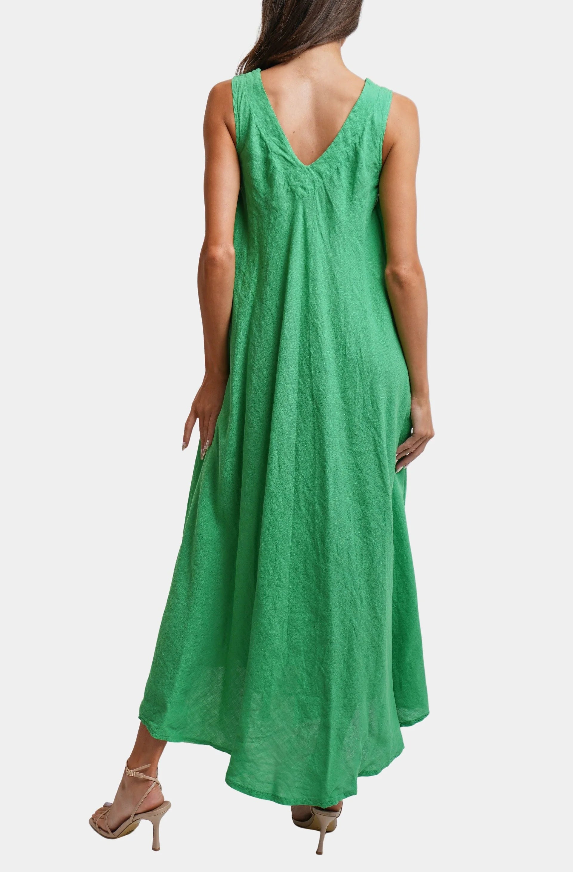 Linen V-Neck/Back Maxi Tank Dress With Pockets
