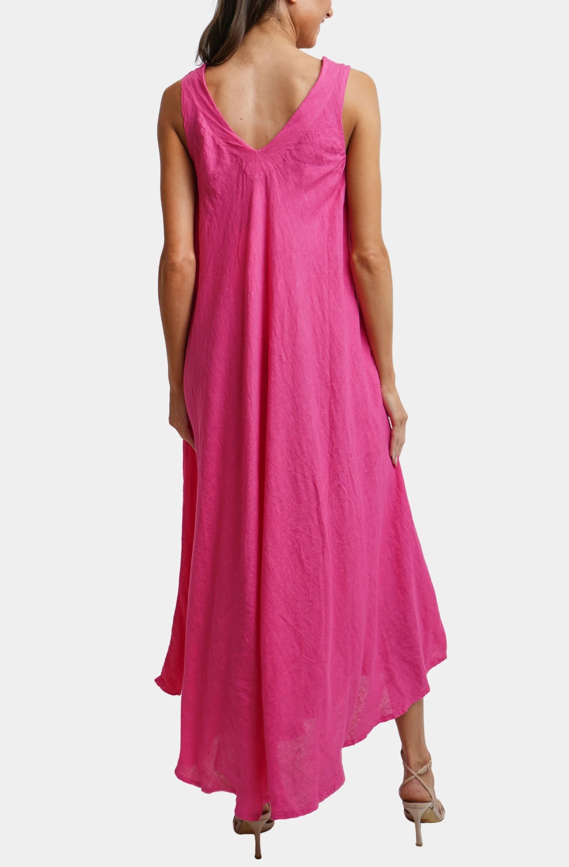 Linen V-Neck/Back Maxi Tank Dress With Pockets