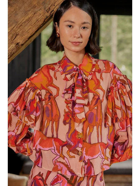 Wild Horses Rose Bow Neck Tie Blouse