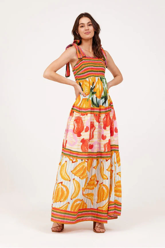 Fruits scarves tiered maxi dress